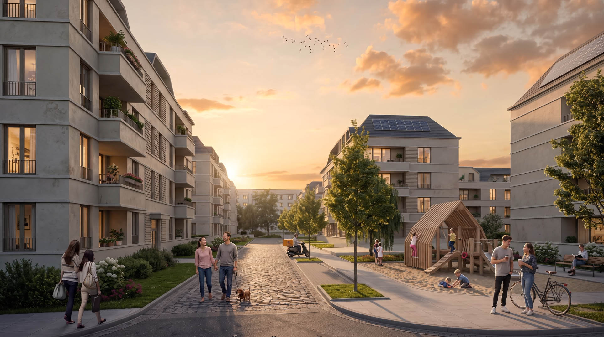 At sunset, people stroll through a modern residential neighborhood, walk their dogs, and relax. Children play on a wooden playground. Trees line the street, and from the balconies of the apartments, you can see the lively activity below.
